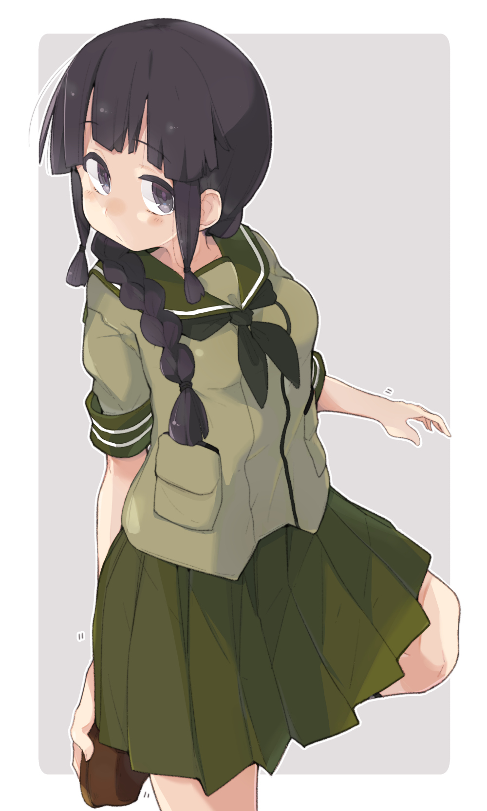 1girl bangs black_eyes black_hair black_neckwear blunt_bangs blush braid breasts brown_footwear closed_mouth eyebrows_visible_through_hair green_sailor_collar green_skirt highres kantai_collection kitakami_(kantai_collection) leg_up long_hair medium_breasts neckerchief pleated_skirt sailor_collar sala_mander school_uniform serafuku short_sleeves sidelocks simple_background single_braid skirt solo two-tone_background