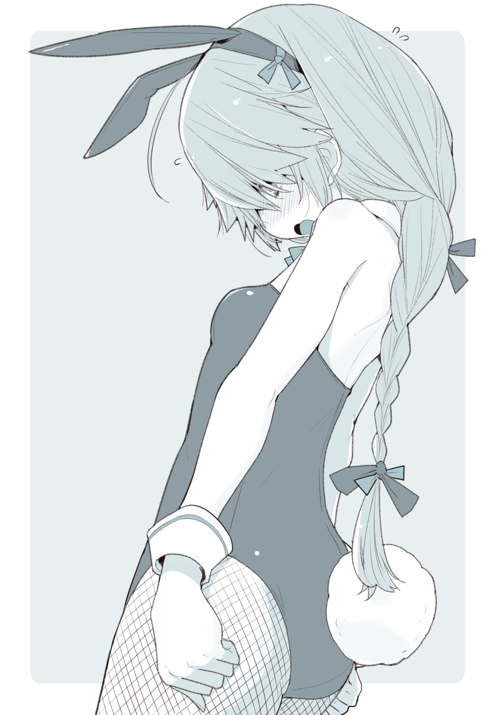 1girl animal_ears bangs blush braid breasts bunny_ears bunny_tail bunnysuit detached_collar embarrassed fake_animal_ears fake_tail fishnets flying_sweatdrops greyscale hair_over_eyes hair_ribbon hamanami_(kantai_collection) highres kantai_collection leotard long_hair monochrome nose_blush open_mouth pantyhose ribbon sala_mander simple_background single_braid small_breasts solo sweat tail wrist_cuffs