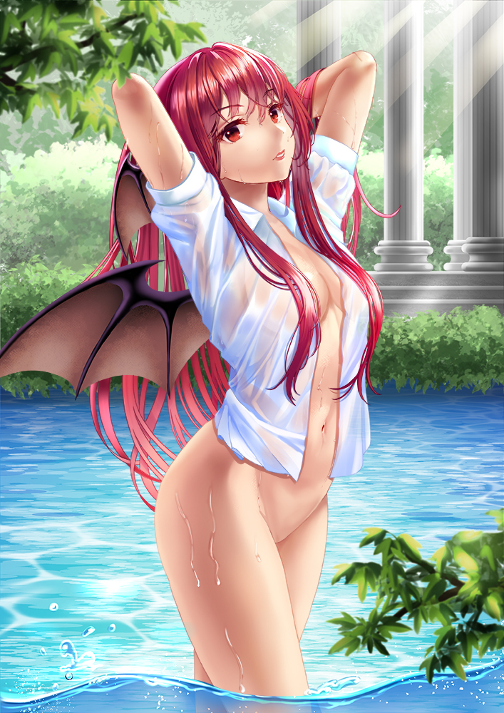 1girl bangs bottomless breasts bush cleavage collared_shirt column day demon_wings eyebrows_visible_through_hair groin hair_between_eyes head_wings koakuma lipstick long_hair looking_at_viewer makeup naked_shirt navel no_bra open_clothes open_shirt outdoors parted_lips pillar red_eyes red_hair shiny shiny_hair shirt short_sleeves solo standing sunlight thighs touhou tree tree_branch uemura_shun very_long_hair wading water wet white_shirt wings