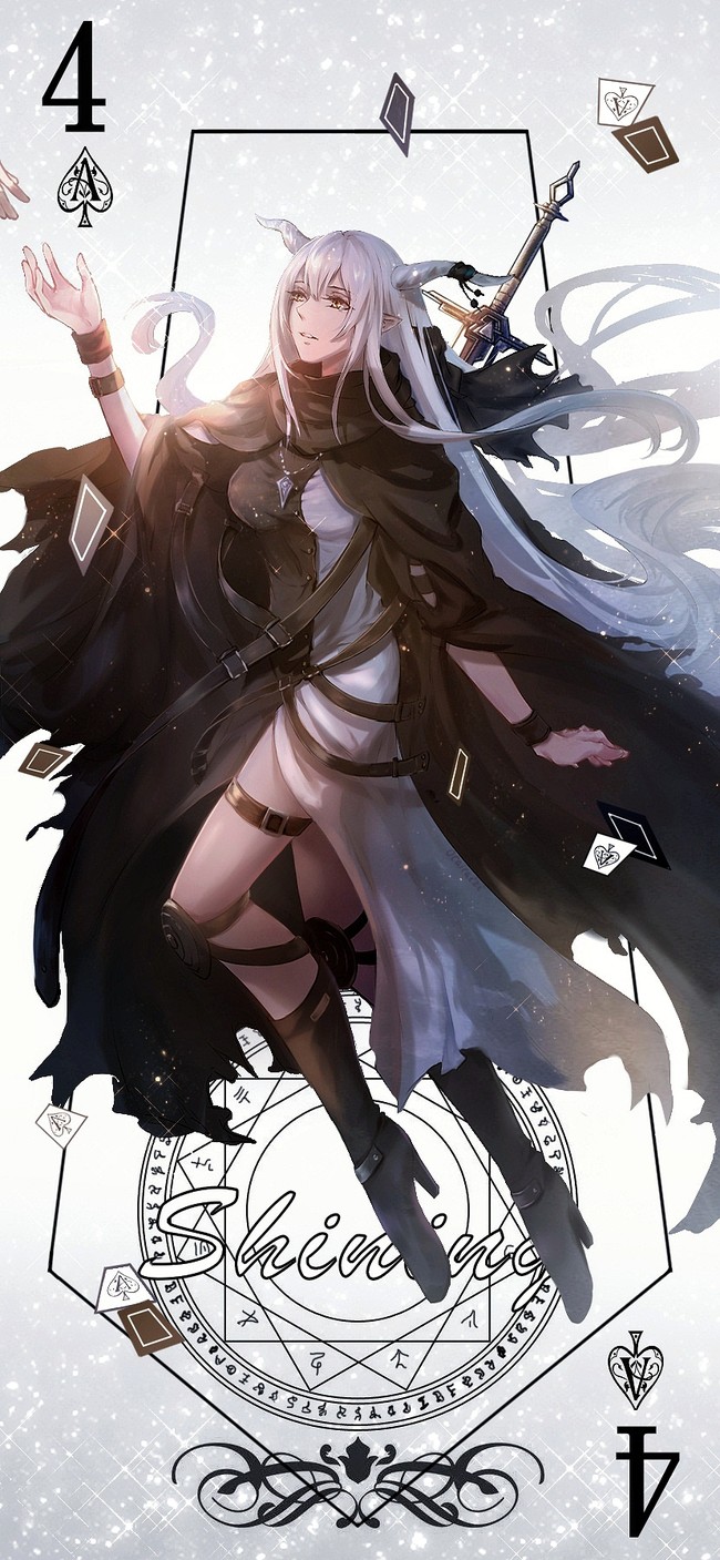 1girl arknights bangs boots breasts brown_eyes card cloak dress eyebrows_visible_through_hair floating_hair full_body hair_between_eyes high_heel_boots high_heels highres horns image_sample jewelry knee_pads large_breasts long_hair multiple_straps nanako_(user_zcmj5835) necklace pendant playing_card pointy_ears shining_(arknights) silver_hair solo staff sword thigh_strap thighs torn_cloak torn_clothes very_long_hair weapon wristband