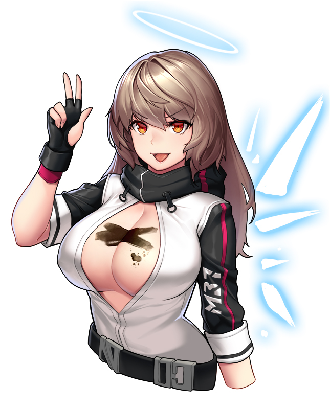 1girl :d arknights bangs belt black_belt black_gloves breasts brown_hair commentary_request cosplay cropped_torso exusiai_(arknights) exusiai_(arknights)_(cosplay) eyebrows_visible_through_hair fingerless_gloves girls_frontline gloves hair_between_eyes halo hand_up ithaca_m37_(girls_frontline) jacket large_breasts long_hair looking_at_viewer momera open_mouth orange_eyes raglan_sleeves short_sleeves simple_background smile solo upper_body w white_background white_jacket