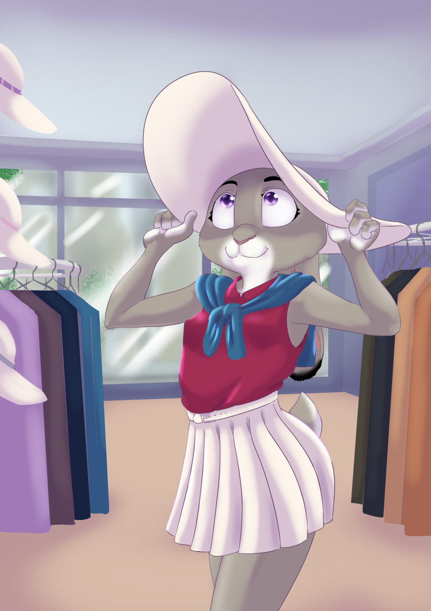 2020 :3 akiric anthro bottomwear breasts clothed clothing dipstick_ears disney female hat headgear headwear hi_res inside judy_hopps lagomorph leporid mammal multicolored_ears purple_eyes rabbit scut_tail skirt sleeveless_shirt solo standing store zootopia