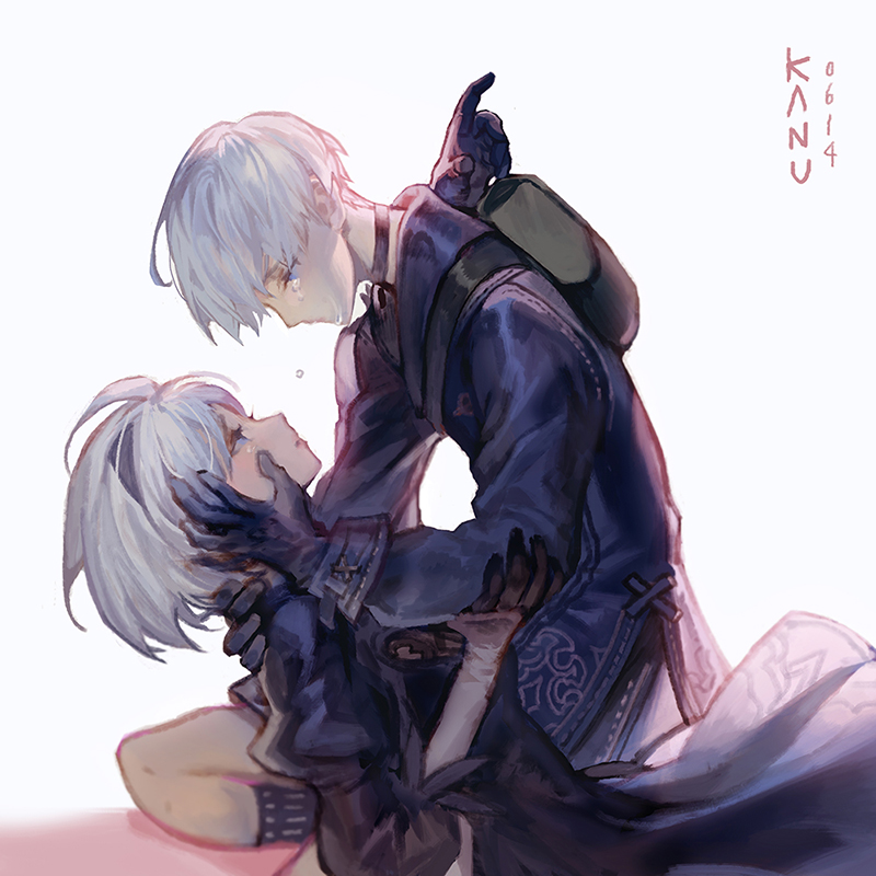 1boy 1girl artist_name backpack bag black_choker black_gloves black_hairband blue_eyes blush choker closed_mouth crying feather_trim gloves green_backpack grey_background hairband hand_on_another's_face holding holding_another kanu_(kanu_0001) kneeling looking_at_another nier_(series) nier_automata parted_lips puffy_sleeves short_hair signature tears white_hair yorha_no._2_type_b yorha_no._9_type_s