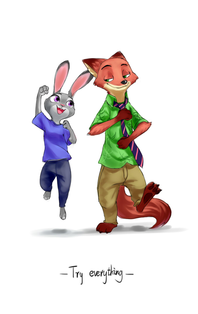 2016 anthro barefoot bottomwear buckteeth canid canine clothing disney duo female fox fur grey_body grey_fur judy_hopps jumping lagomorph leporid looking_at_another luciferamon male mammal necktie nick_wilde open_mouth open_smile orange_body orange_fur pants pawpads purple_eyes rabbit red_fox shirt simple_background smile teeth topwear white_background zootopia