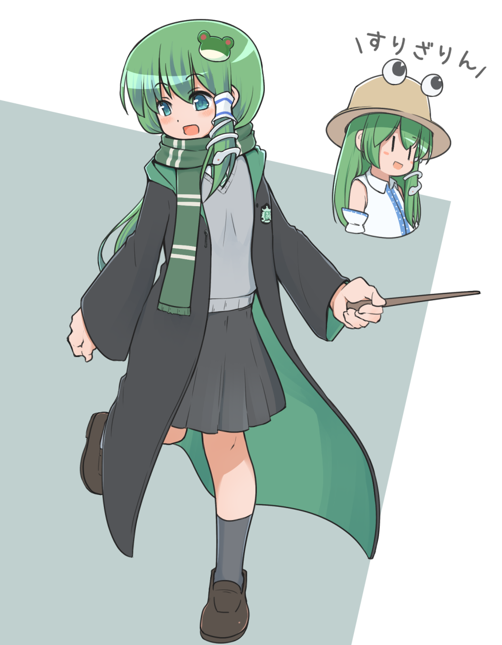 black_robe black_skirt blue_eyes blush brown_footwear commentary_request detached_sleeves frog_hair_ornament full_body green_hair green_scarf grey_background grey_blazer grey_legwear hair_ornament harry_potter highres hogwarts_school_uniform holding holding_wand kochiya_sanae loafers long_hair long_sleeves open_mouth pyonta robe scarf school_uniform shirt shoes skirt slytherin smile snake_hair_ornament socks sorting_hat standing standing_on_one_leg touhou turnip_kabura wand white_background white_shirt