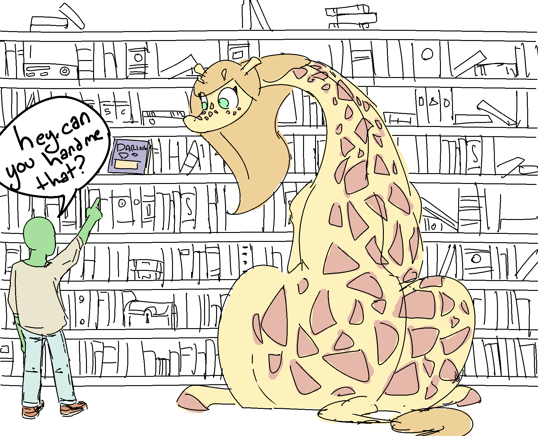 anon big_butt book bookshelf brown_hair butt dialogue duo female feral furniture giraffe giraffid green_eyes hair hi_res hooves horn huge_butt human larger_female larger_feral library long_neck male mammal nobby_(artist) ossicone paisley_(nobby) sitting size_difference slightly_chubby smaller_human smaller_male spots spotted_body treasure_chest wide_hips