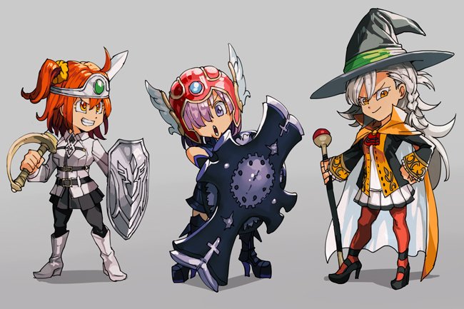 3girls armor black_footwear black_legwear black_skirt boots chaldea_uniform chibi crossover dragon_quest fate/grand_order fate_(series) fujimaru_ritsuka_(female) hand_on_hip hankuri hat headband helmet holding holding_shield holding_staff holding_sword holding_weapon jacket long_hair long_sleeves mash_kyrielight multiple_girls olga_marie_animusphere open_mouth orange_eyes orange_hair orange_legwear pantyhose parody pleated_skirt profile purple_eyes purple_hair shield short_hair simple_background skirt smile staff style_parody sword toriyama_akira_(style) weapon white_footwear white_hair white_jacket white_skirt witch_hat yellow_eyes