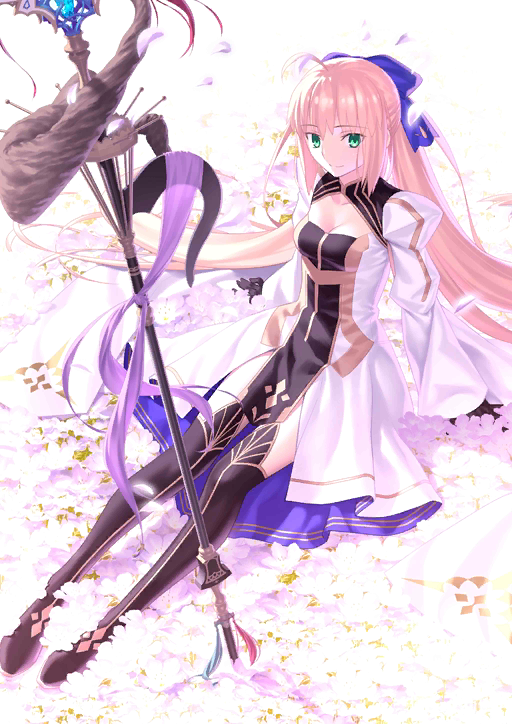 1girl ahoge arm_support artoria_pendragon_(caster) blonde_hair boots breast_cutout breasts cleavage collarbone dress eyebrows_visible_through_hair fate/grand_order fate_(series) flower full_body gloves green_eyes long_hair looking_at_viewer medium_breasts official_art sitting solo staff thigh_boots thighhighs