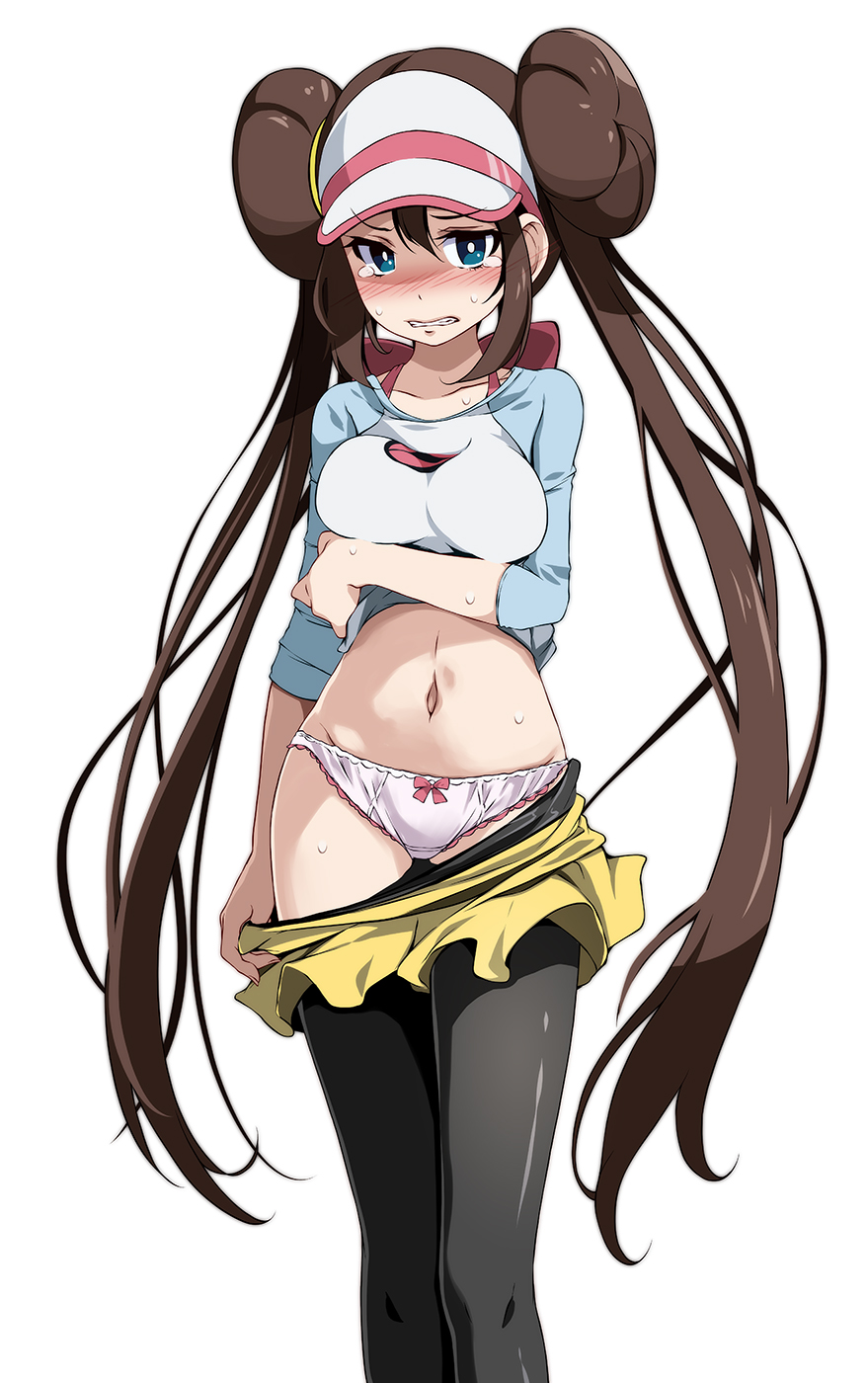 1girl arm_under_breasts bangs black_legwear blue_eyes blush bow bow_panties breasts clenched_teeth commentary_request double_bun hair_between_eyes hair_tie highres long_hair mei_(pokemon) navel panties pantyhose pantyhose_pull pink_bow pokemon pokemon_(game) pokemon_bw2 pulled_by_self raglan_sleeves shirt short_shorts shorts shorts_pull sidelocks simple_background sleeves_past_elbows solo sweat tearing_up teeth tied_hair tsukishiro_saika two-tone_headwear underwear very_long_hair visor_cap white_background white_panties yellow_shorts