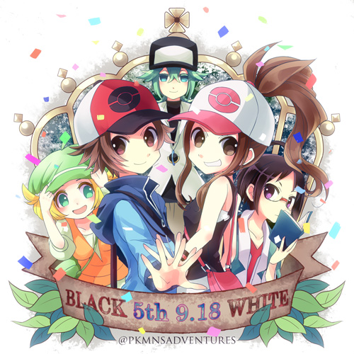 2girls 3boys baseball_cap bel_(pokemon) black_hair blonde_hair blush brown_eyes brown_hair cheren_(pokemon) closed_mouth commentary_request confetti copyright_name glasses green_eyes green_hair hand_on_headwear hat high_ponytail kokoroko leaf long_hair lowres multiple_boys multiple_girls n_(pokemon) poke_ball_print pokemon pokemon_(game) pokemon_bw purple_eyes semi-rimless_eyewear sidelocks smile touko_(pokemon) touya_(pokemon) watermark