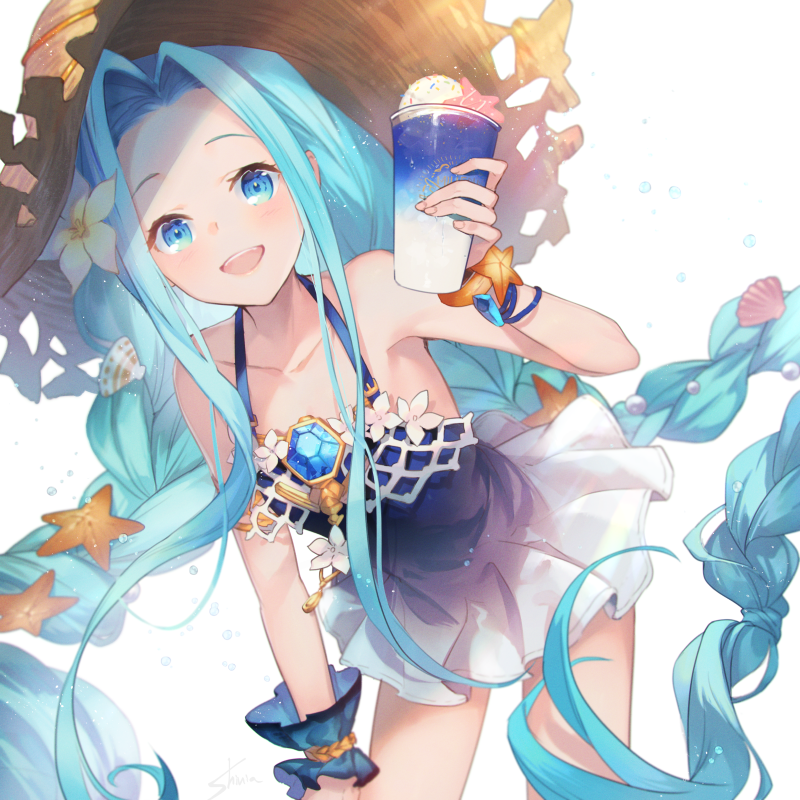 1girl :d bangs bare_shoulders blue_dress blue_eyes blue_hair braid brown_headwear collarbone commentary_request cup dress flower food forehead granblue_fantasy hair_flower hair_ornament hat holding holding_cup ice_cream ice_cream_float leaning_forward long_hair looking_at_viewer lyria_(granblue_fantasy) open_mouth parted_bangs seashell_hair_ornament shinia single_wrist_cuff sleeveless sleeveless_dress smile solo starfish starfish_hair_ornament straw_hat twin_braids upper_teeth very_long_hair white_background white_flower wrist_cuffs