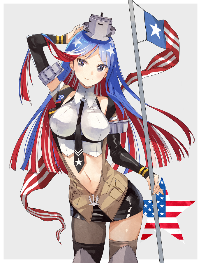 1girl american_flag american_flag_print black_neckwear blue_hair breasts closed_mouth collared_shirt cowboy_shot eyebrows_visible_through_hair flag_print grey_background grey_eyes kantai_collection kasumi_(skchkko) large_breasts multicolored_hair navel necktie red_hair shiny shiny_clothes shirt smile solo south_dakota_(kantai_collection) star_(symbol) star_print white_hair white_shirt