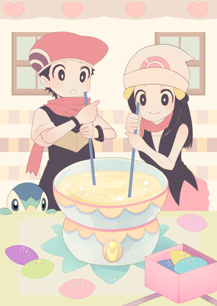 1boy 1girl beanie black_hair blush closed_mouth commentary_request gen_4_pokemon hat hikari_(pokemon) holding kokoroko kouki_(pokemon) long_hair looking_down pink_headwear pink_scarf piplup poke_ball_print pokemon pokemon_(creature) pokemon_(game) pokemon_dppt scarf short_sleeves sleeveless smile starter_pokemon stirring stirring_rod white_headwear