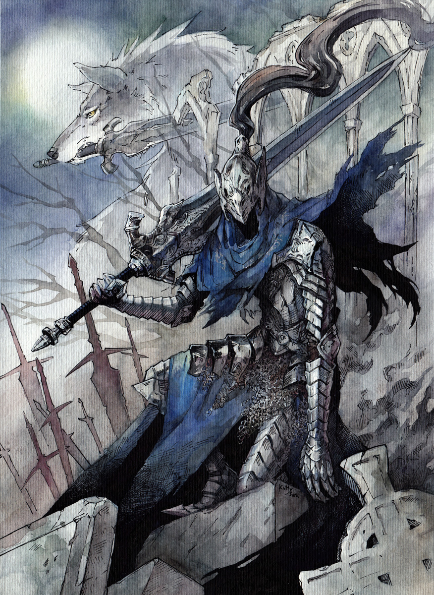 1boy animal arm_at_side armor arms_at_sides artorias_the_abysswalker bare_tree blue_capelet breastplate capelet dark_souls english_commentary faceless facing_viewer fantasy faulds field_of_blades fog full_armor gauntlets graveyard great_grey_wolf_sif greatsword greaves grey_wolf helmet highres holding holding_sword holding_weapon hood knight kutty_sark leg_armor moon mouth_hold night one_knee outdoors over_shoulder pauldrons planted_sword planted_weapon plate_armor plume profile shoulder_armor souls_(from_software) sword tombstone traditional_media tree watercolor_(medium) weapon wolf