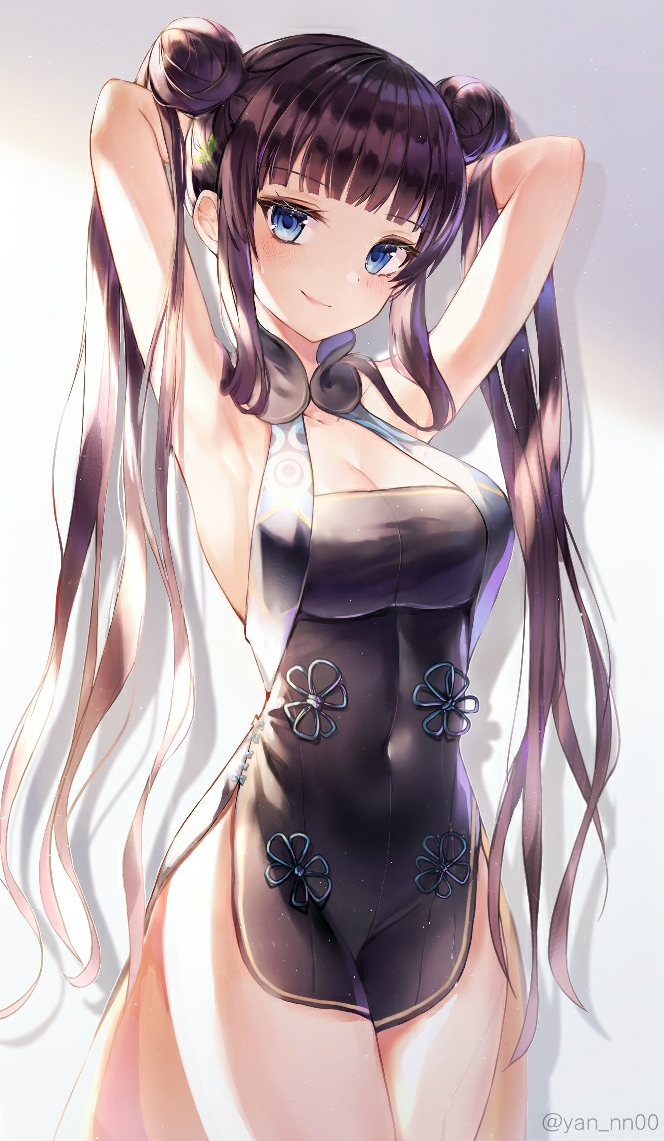 1girl armpits arms_behind_head arms_up bangs black_dress blue_eyes blunt_bangs blush breasts brown_hair cleavage cleavage_cutout closed_mouth covered_navel cowboy_shot double_bun dress eyebrows_visible_through_hair fate/grand_order fate_(series) grey_background hair_ornament hairclip large_breasts long_hair looking_at_viewer meliyannn side_slit sidelocks sleeveless sleeveless_dress smile solo thighs twintails twitter_username very_long_hair yang_guifei_(fate/grand_order) yang_guifei_(fullbokko_heroes)