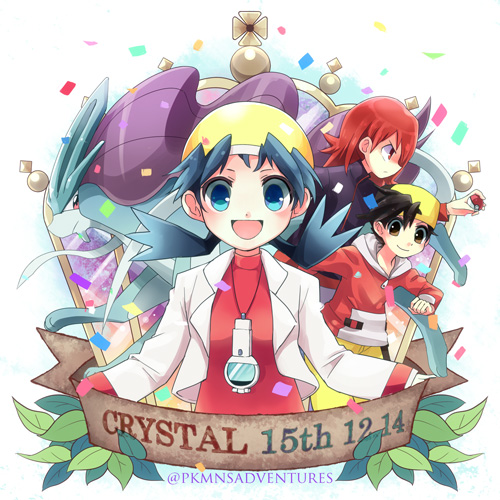 1girl 2boys :d baseball_cap black_hair blue_eyes blue_hair blush brown_eyes closed_mouth commentary_request confetti copyright_name crystal_(pokemon) gen_2_pokemon gold_(pokemon) hat holding holding_poke_ball kokoroko leaf legendary_pokemon long_sleeves looking_at_viewer lowres multiple_boys open_clothes open_mouth poke_ball poke_ball_(basic) pokemon pokemon_(creature) pokemon_(game) pokemon_gsc red_hair silver_(pokemon) smile suicune tongue yellow_headwear