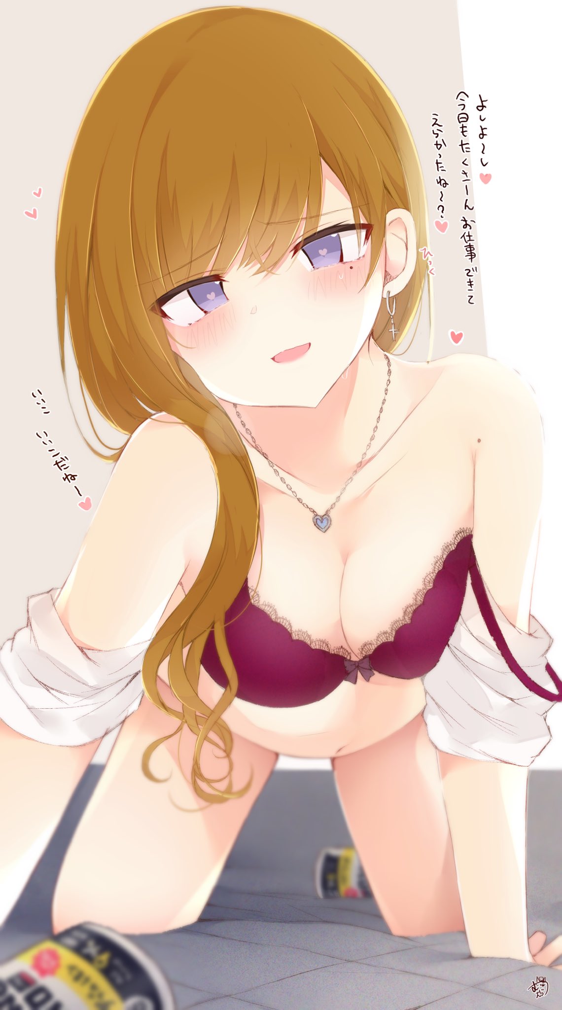 1girl all_fours bare_shoulders blurry bra breasts brown_hair cleavage depth_of_field heart heart-shaped_pupils highres lace lace-trimmed_bra long_hair looking_at_viewer medium_breasts mole mole_on_armpits mole_under_eye muuran off_shoulder open_mouth original purple_eyes red_bra smile solo symbol-shaped_pupils thighs translation_request underwear