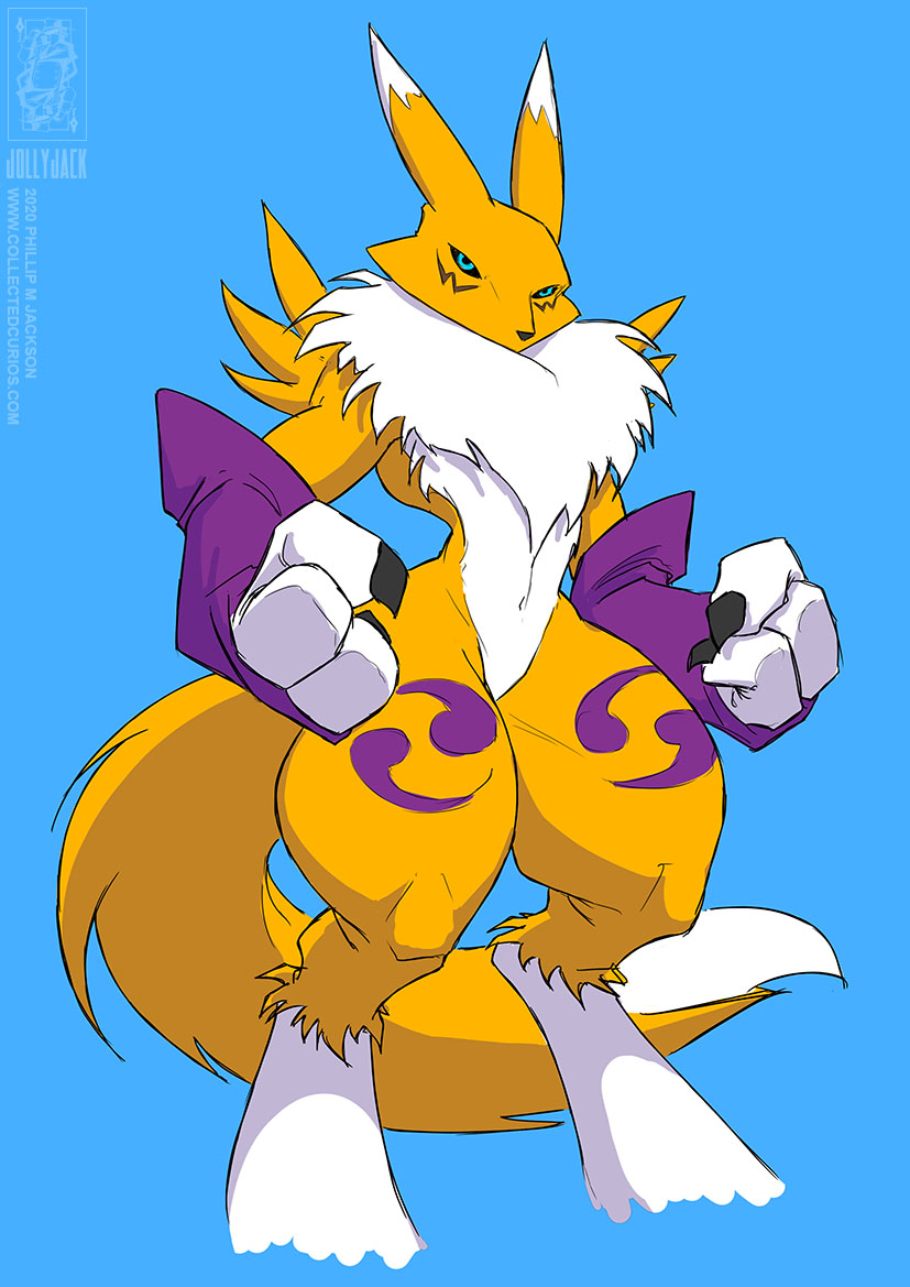 2020 3_fingers ambiguous_gender anthro black_sclera blue_background blue_eyes claws conditional_dnp digimon digimon_(species) fingers fluffy fluffy_tail fur jollyjack looking_at_viewer multicolored_body multicolored_fur portrait purple_body purple_fur renamon simple_background solo three-quarter_portrait white_body white_fur yellow_body yellow_fur