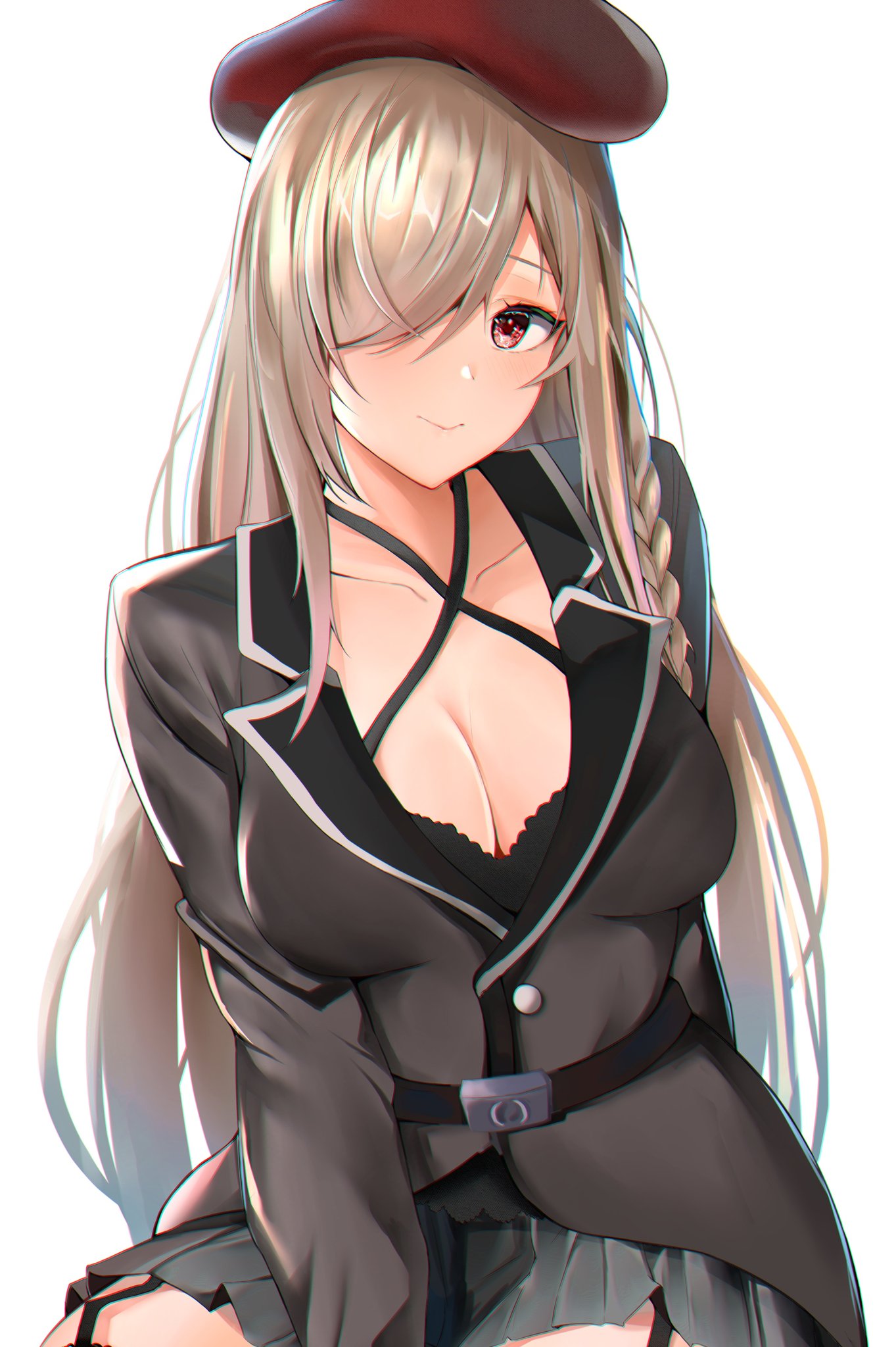 1girl bangs belt beret black_bra blue_eyes blush bra braid breasts cleavage closed_mouth criss-cross_halter g36c_(girls_frontline) girls_frontline hair_between_eyes hair_over_one_eye halterneck hat highres jacket large_breasts light_brown_hair long_hair looking_at_viewer pleated_skirt red_eyes shimadazengi side_braid sidelocks sitting skirt smile solo underwear very_long_hair