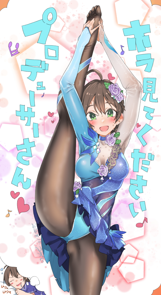 1girl :d ahoge arms_up athletic_leotard ballerina ballet bangs beamed_sixteenth_notes black_legwear blue_leotard blue_pajamas blush breasts brown_hair circle closed_eyes commentary_request covered_navel cowboy_shot dreaming drooling eyebrows_visible_through_hair flexible flower green_eyes grey_rose hair_between_eyes hair_flower hair_ornament hands_on_feet heart idolmaster idolmaster_million_live! idolmaster_million_live!_theater_days leotard long_sleeves looking_at_viewer medium_breasts multiple_views musical_note no_shoes open_mouth outstretched_arms pajamas pantyhose parted_lips patterned_background pentagon_(shape) pillow purple_flower purple_rose quarter_note rose sakuramori_kaori short_hair sleeping sleeves_past_wrists smile split standing standing_on_one_leg standing_split sweat thought_bubble toes translation_request tutu ushihashiru white_background