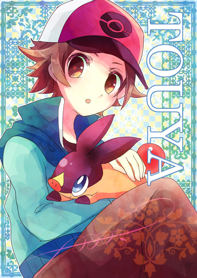 1boy :o baseball_cap black_shirt blue_jacket blush brown_eyes brown_hair brown_pants character_name commentary_request gen_5_pokemon hat holding holding_pokemon jacket kokoroko looking_at_viewer pants poke_ball_print pokemon pokemon_(creature) pokemon_(game) pokemon_bw popped_collar shirt spiked_hair starter_pokemon tepig touya_(pokemon)