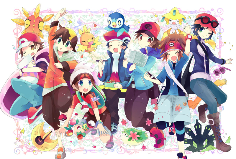 6+boys :d :o ^_^ arm_up bag baseball_cap beanie belt black_hair blue_eyes blue_jacket blue_pants blush boots brown_eyes brown_footwear brown_hair brown_pants calme_(pokemon) chopsticks closed_eyes commentary_request eyewear_on_headwear gen_3_pokemon gen_4_pokemon gen_6_pokemon gold_(pokemon) green_eyes happy hat holding holding_chopsticks holding_paper hug jacket jirachi kokoroko kouki_(pokemon) kyouhei_(pokemon) legendary_pokemon lunatone multiple_boys mythical_pokemon obentou on_head one_eye_closed open_mouth pants paper piplup pokemon pokemon_(creature) pokemon_(game) pokemon_bw pokemon_bw2 pokemon_dppt pokemon_frlg pokemon_hgss pokemon_on_head pokemon_oras pokemon_platinum pokemon_xy red_(pokemon) red_headwear scarf shaymin shorts shoulder_bag smile solrock starter_pokemon sunglasses torchic touya_(pokemon) white_headwear white_scarf yuuki_(pokemon) zygarde