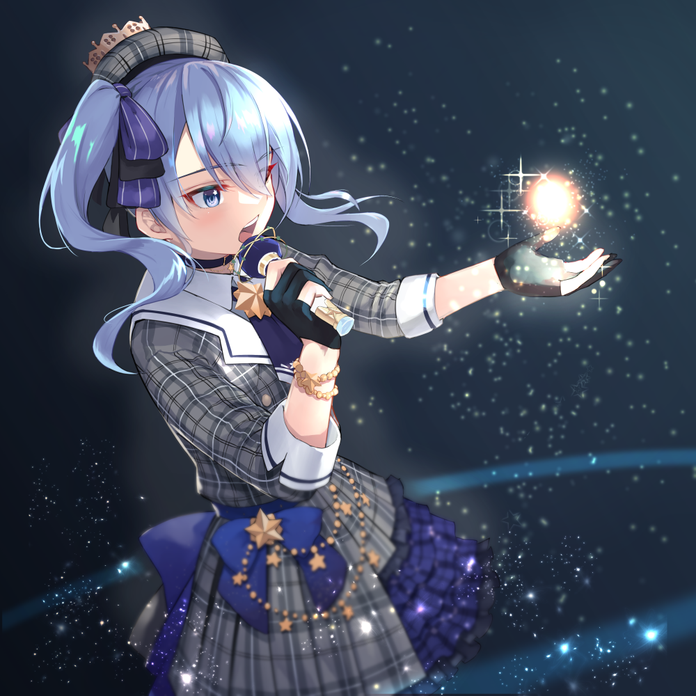 1girl beret blue_eyes blue_hair blurry choker commentary_request crown dark_background depth_of_field dress eyebrows_visible_through_hair eyes_visible_through_hair gloves hair_ribbon hat hololive hoshimachi_suisei microphone music open_mouth partly_fingerless_gloves ribbon shimozuki_shio side_ponytail singing solo star_(symbol) star_in_eye symbol_in_eye virtual_youtuber