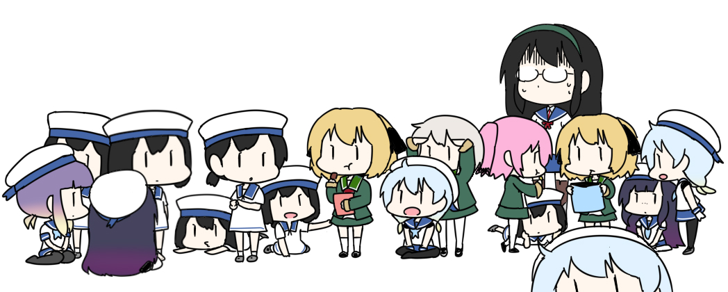 6+girls :t bangs black_hair blue_hair blush chibi closed_mouth colored_tips commentary_request daitou_(kantai_collection) eating food freckles glasses gradient_hair hachijou_(kantai_collection) hair_ribbon hairband hat hiburi_(kantai_collection) kantai_collection kunashiri_(kantai_collection) long_hair long_sleeves lying matsuwa_(kantai_collection) multicolored_hair multiple_girls multiple_persona on_stomach ooyodo_(kantai_collection) open_mouth pink_hair pon_(0737) purple_hair ribbon sado_(kantai_collection) sailor_collar sailor_hat school_uniform serafuku shaded_face shimushu_(kantai_collection) shimushu_pose simple_background sitting standing sweat tsushima_(kantai_collection) two_side_up white_background white_headwear