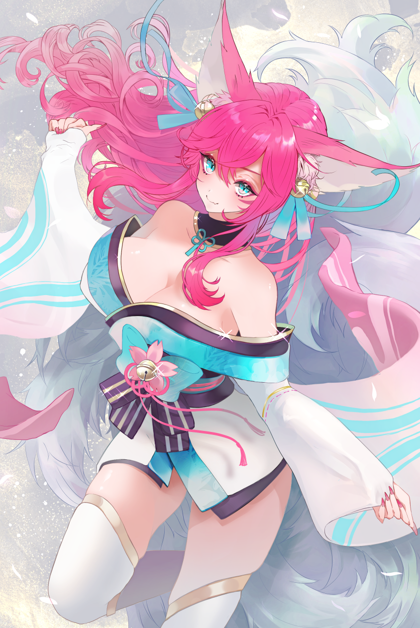 1girl ahri alternate_hair_color animal_ears bell blue_tail breasts cleavage collarbone facial_mark fang fox_ears fox_tail hair_bell hair_ornament highres korean_clothes kumiho large_breasts league_of_legends long_straw looking_at_viewer multiple_tails nail nail_polish off_shoulder skin_fang solo spirit_blossom_ahri tail usagi_(3828164) vastaya whisker_markings
