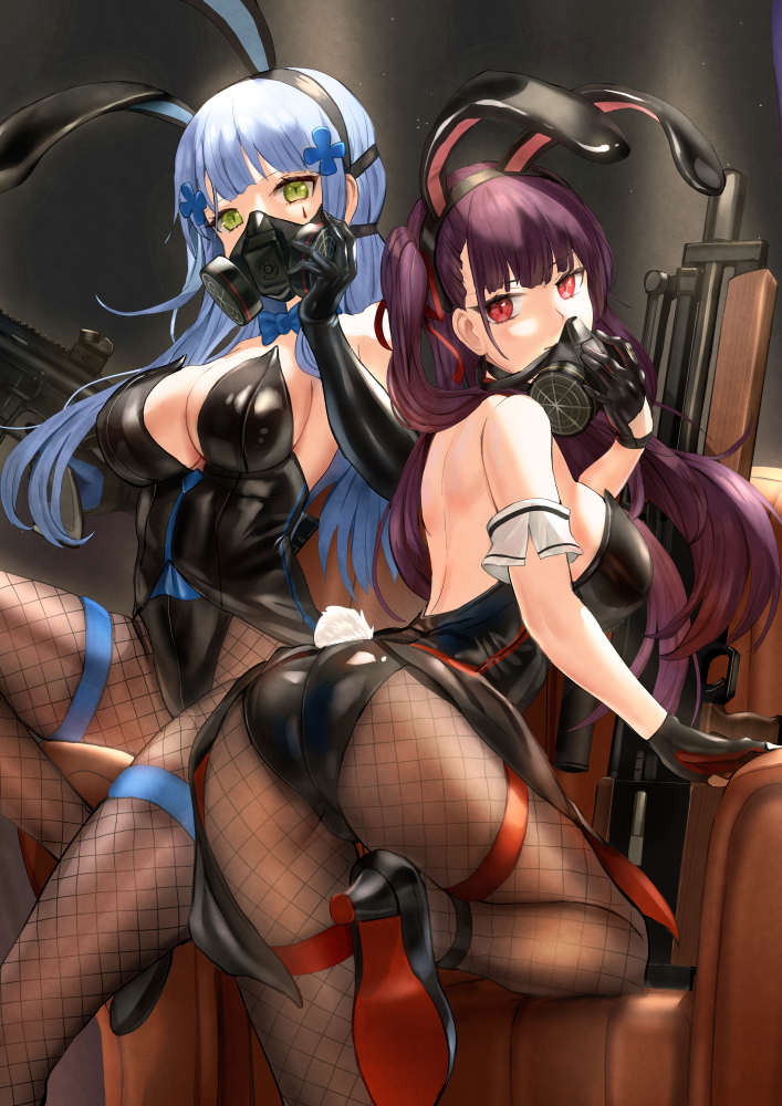 2girls alternate_costume animal_ears ass assault_rifle bangs black_footwear black_legwear blue_hair blue_neckwear blunt_bangs bow bowtie breasts bunny_ears bunny_girl bunny_tail bunnysuit cleavage coattails commentary_request elbow_gloves eyebrows_visible_through_hair fake_animal_ears fake_tail fishnet_legwear fishnets gas_mask girls_frontline gloves green_eyes gun h&amp;k_hk416 hair_ornament hair_ribbon heckler_&amp;_koch high_heels hk416_(girls_frontline) holding holding_gun holding_weapon large_breasts leotard long_hair looking_at_viewer mask mouth_mask multiple_girls one_knee one_side_up pantyhose purple_hair qian_wu_atai red_eyes ribbon rifle shiny shiny_clothes sitting standing tail thigh_strap thighs very_long_hair wa2000_(girls_frontline) weapon