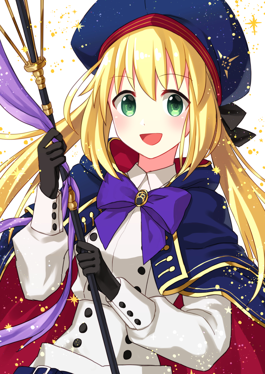 1girl artoria_pendragon_(all) artoria_pendragon_(caster) blonde_hair coconat_summer eyebrows_visible_through_hair fate/grand_order fate_(series) gloves green_eyes hair_between_eyes hat highres holding holding_staff long_hair long_sleeves looking_at_viewer open_mouth simple_background solo staff tongue upper_body white_background