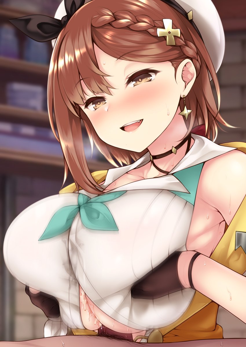 1boy 1girl armpits atelier_(series) atelier_ryza atelier_ryza_2 blush braid breast_squeeze breasts brown_eyes brown_hair cum earrings gloves hair_ornament hairclip hat highres jewelry large_breasts open_mouth paizuri paizuri_under_clothes partly_fingerless_gloves penis reisalin_stout shirt short_hair sleeveless sleeveless_jacket sweat uni8 white_headwear