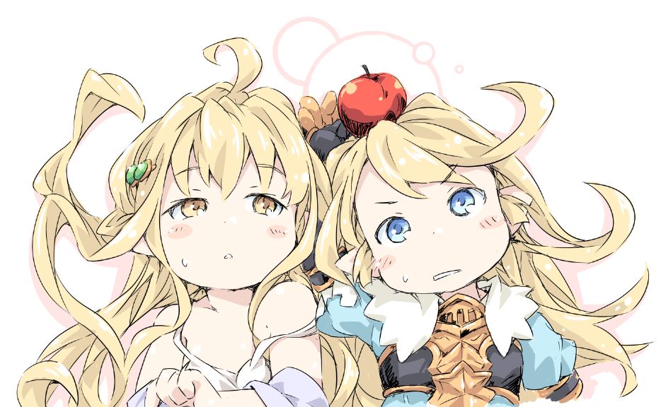 2girls ahoge apple apple_on_head blonde_hair blush_stickers charlotta_fenia food fruit granblue_fantasy ham_(points) harvin height_conscious long_hair melissabelle multiple_girls pointy_ears