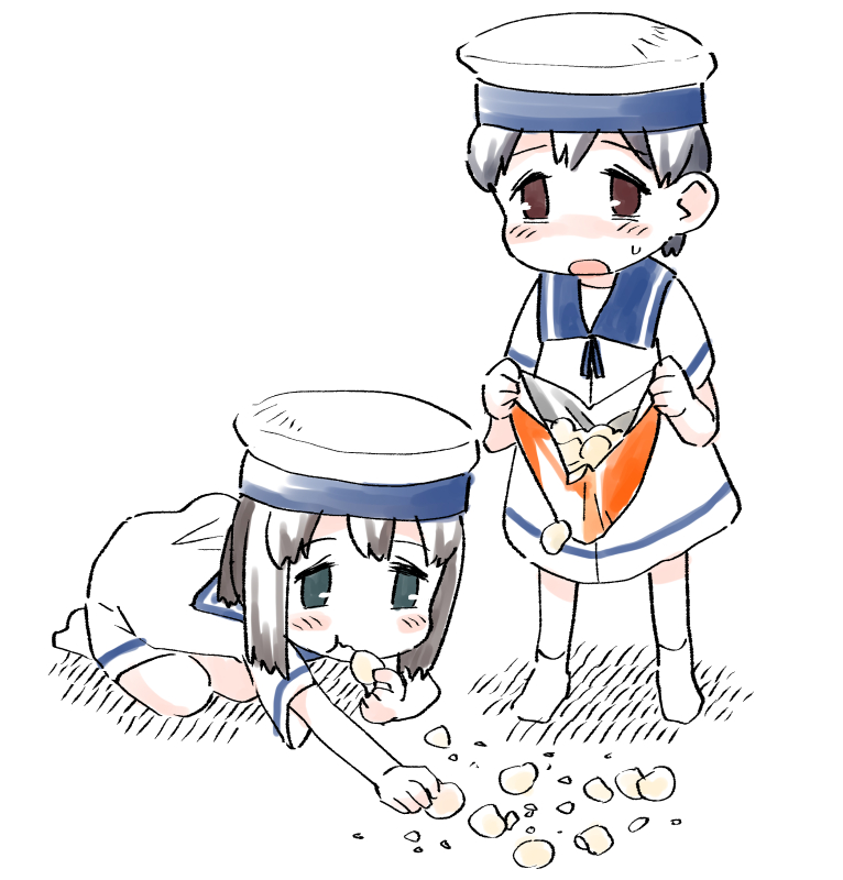 :t bag black_hair blue_eyes blush brown_eyes chips commentary_request daitou_(kantai_collection) dress eating eyebrows_visible_through_hair food full_body harukaze_unipo hat hiburi_(kantai_collection) holding holding_bag kantai_collection kneeling open_mouth ponytail potato_chips sailor_collar sailor_dress sailor_hat short_hair short_ponytail short_sleeves simple_background socks standing sweat white_background white_footwear white_headwear