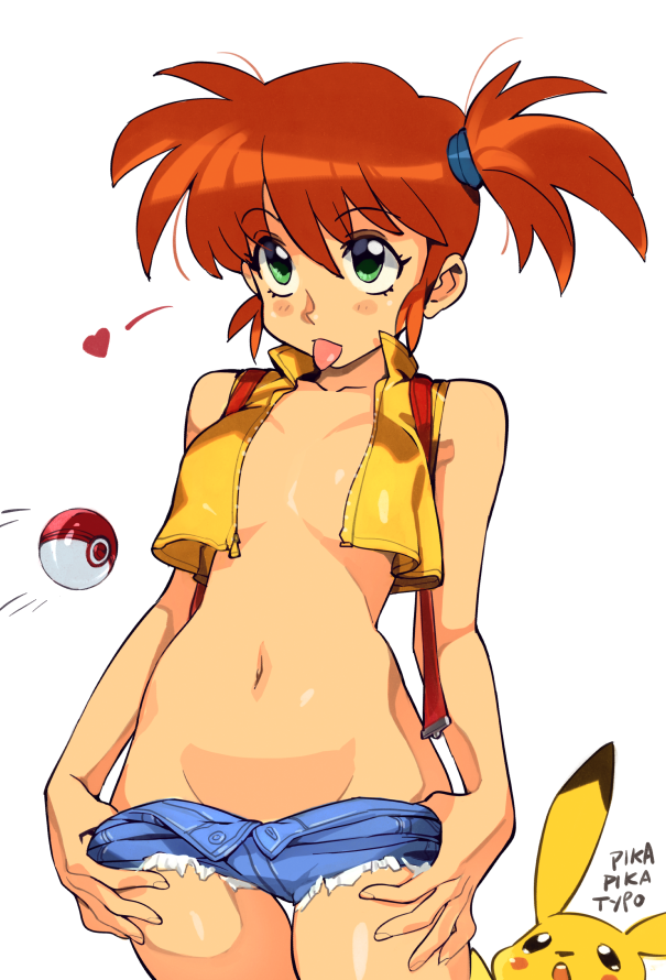 1girl :p bangs breasts brown_hair cleavage crop_top eyebrows_visible_through_hair gen_1_pokemon green_eyes groin hair_between_eyes heart kasumi_(pokemon) micro_shorts navel no_bra open_clothes open_fly optionaltypo orange_hair pikachu poke_ball pokemon pokemon_(anime) pokemon_(creature) short_hair short_shorts shorts shorts_pull side_ponytail small_breasts solo stomach suspenders thigh_gap tongue tongue_out