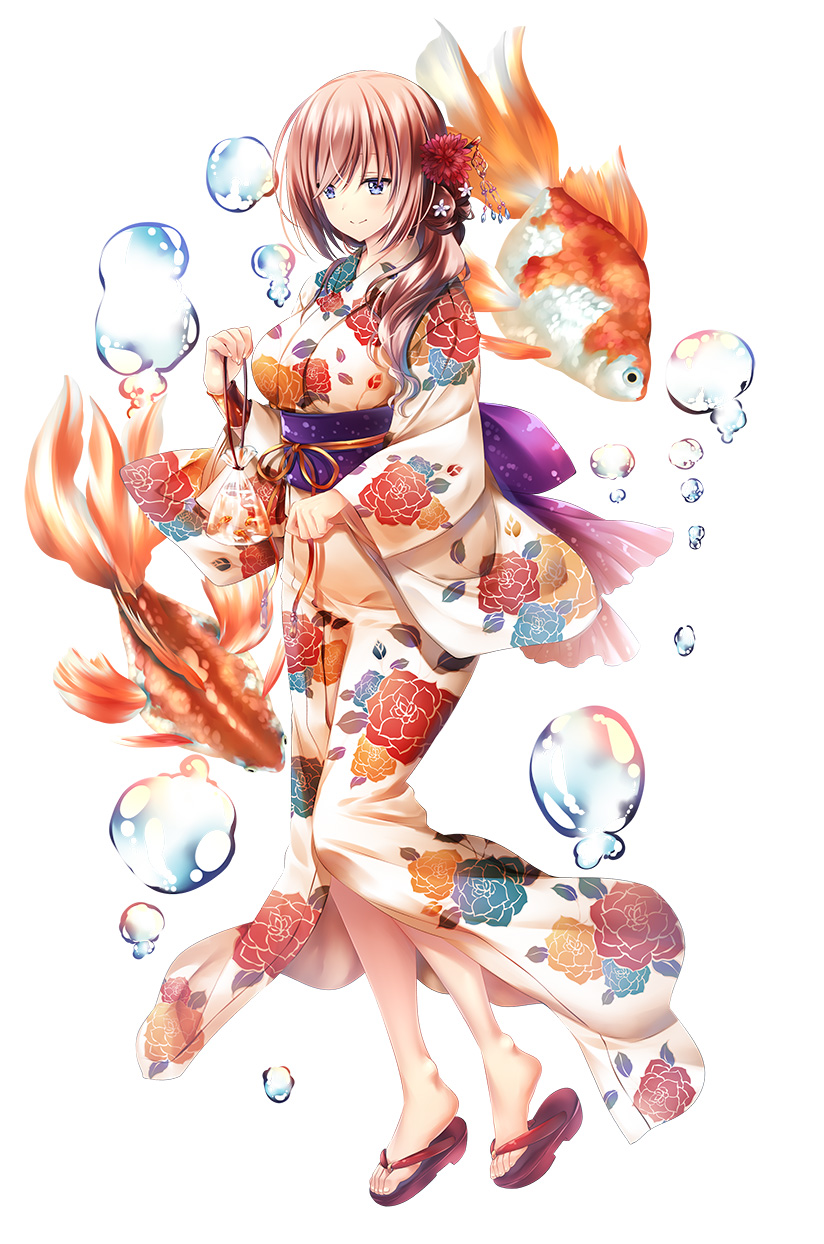 1girl blue_eyes bubble character_request fish goldfish hair_ornament highres japanese_clothes kimono long_hair nobushito official_art shoes smile solo taimanin_(series) taimanin_rpgx tied_hair white_background zol