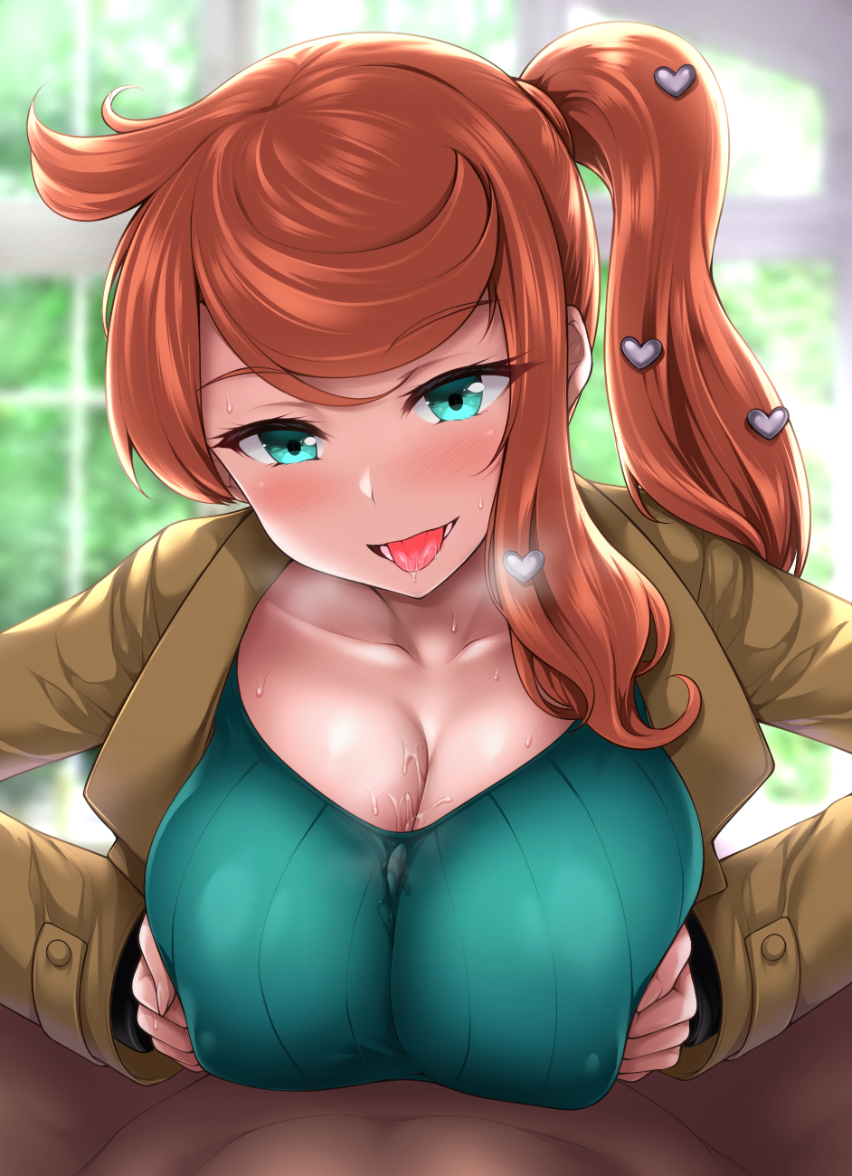 1boy 1girl aqua_eyes bangs blush breast_squeeze breasts cleavage collarbone green_sweater hetero highres large_breasts long_hair long_sleeves looking_at_viewer open_mouth orange_hair paizuri paizuri_under_clothes pokemon pokemon_(game) pokemon_swsh side_ponytail smile solo_focus sonia_(pokemon) sweater trench_coat uni8