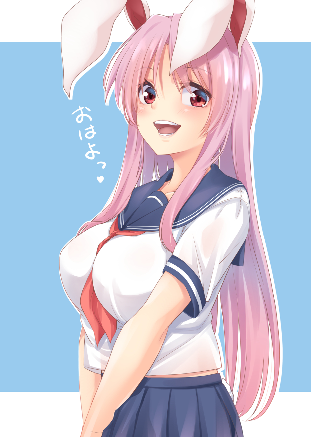1girl :d alternate_costume animal_ears bangs blue_background blue_sailor_collar blue_skirt blush breasts bunny_ears casual commentary_request contemporary eyebrows_visible_through_hair highres kue large_breasts long_hair looking_at_viewer midriff_peek neckerchief neckwear_between_breasts open_mouth pleated_skirt purple_hair red_eyes red_neckwear reisen_udongein_inaba sailor_collar skirt smile solo touhou translation_request two-tone_background upper_body very_long_hair white_background