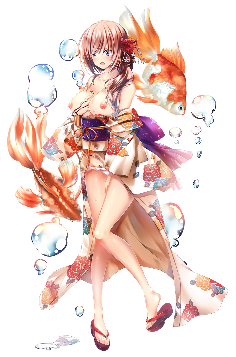 1girl areolae blue_eyes blush breasts bubble character_request fish goldfish hair_ornament highres japanese_clothes kimono large_breasts long_hair nobushito official_art shoes smile solo taimanin_(series) taimanin_rpgx tied_hair white_background zol