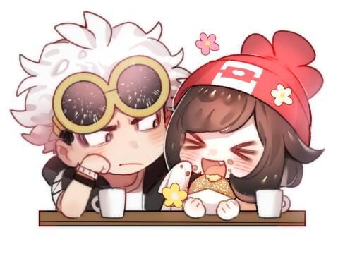 &gt;_&lt; 1boy 1girl bangs beanie blush brown_hair chibi closed_mouth commentary_request cup eating eyewear_on_head fang food guzma_(pokemon) happy hat holding holding_food looking_at_another lowres mizuki_(pokemon) mug open_mouth pokemon pokemon_(game) pokemon_sm red_headwear sunglasses tongue white_background white_hair zuizi