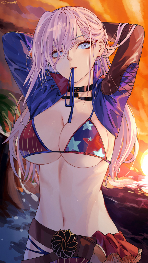 1girl arms_up belt bikini bikini_bottom bikini_top blue_eyes breasts choker cleavage commentary_request fate/grand_order fate_(series) flag_print hair_over_one_eye large_breasts long_sleeves marchab_66 miyamoto_musashi_(fate/grand_order) miyamoto_musashi_(swimsuit_berserker)_(fate) mouth_hold navel pink_hair ponytail ribbon shiny shiny_skin solo sunset swimsuit twitter_username tying_hair upper_body