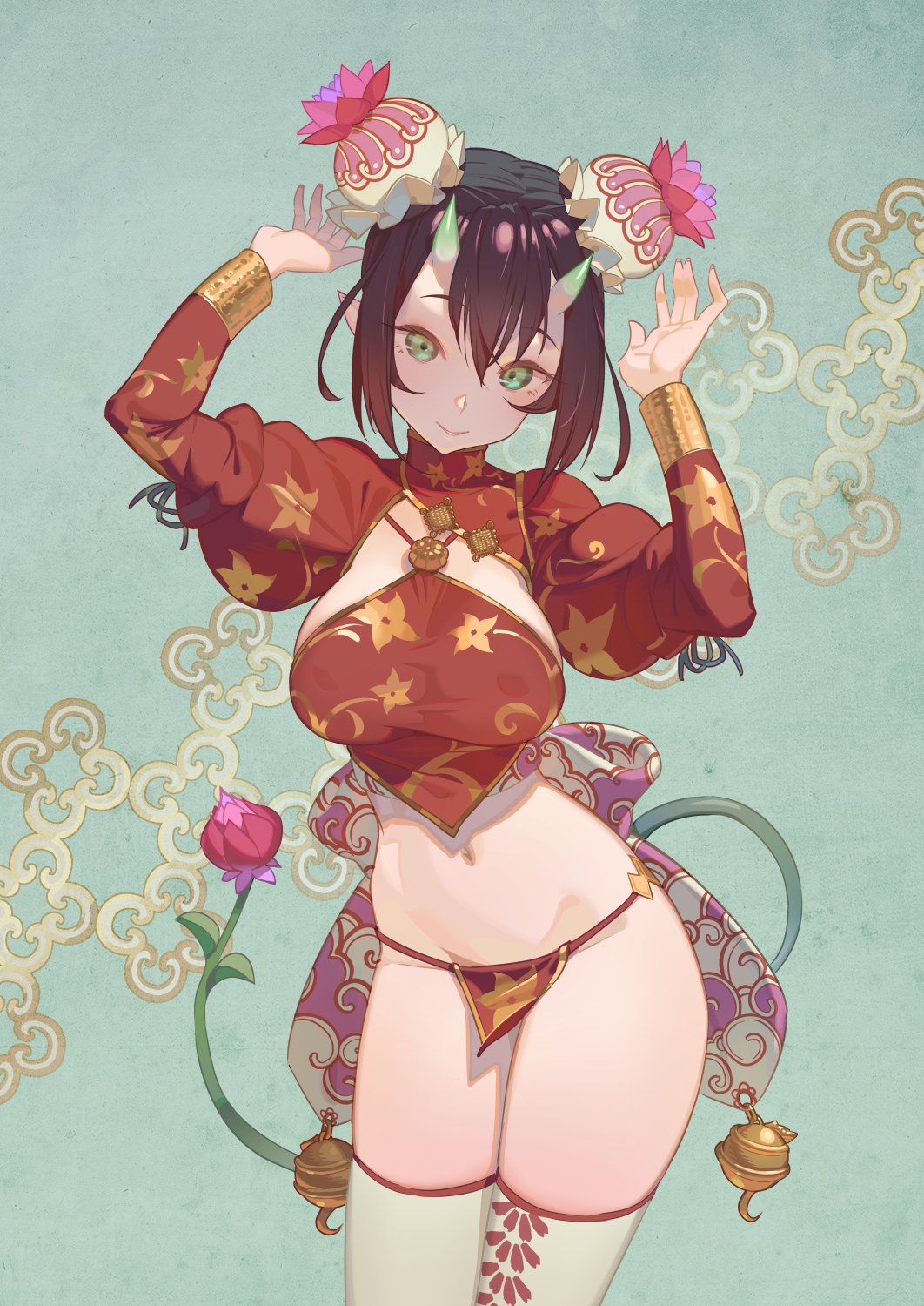 1girl arms_up breasts bun_cover closed_mouth cowboy_shot demon_girl double_bun english_commentary floral_print flower gold_trim green_eyes hair_between_eyes hair_ornament hands_up highres horns juliet_sleeves large_breasts loincloth long_sleeves looking_at_viewer lotus medium_hair navel oni oni_horns original pelvic_curtain pointy_ears puffy_sleeves shrug_(clothing) sidelocks smile solo standing stomach succubus thighhighs tim_loechner white_legwear