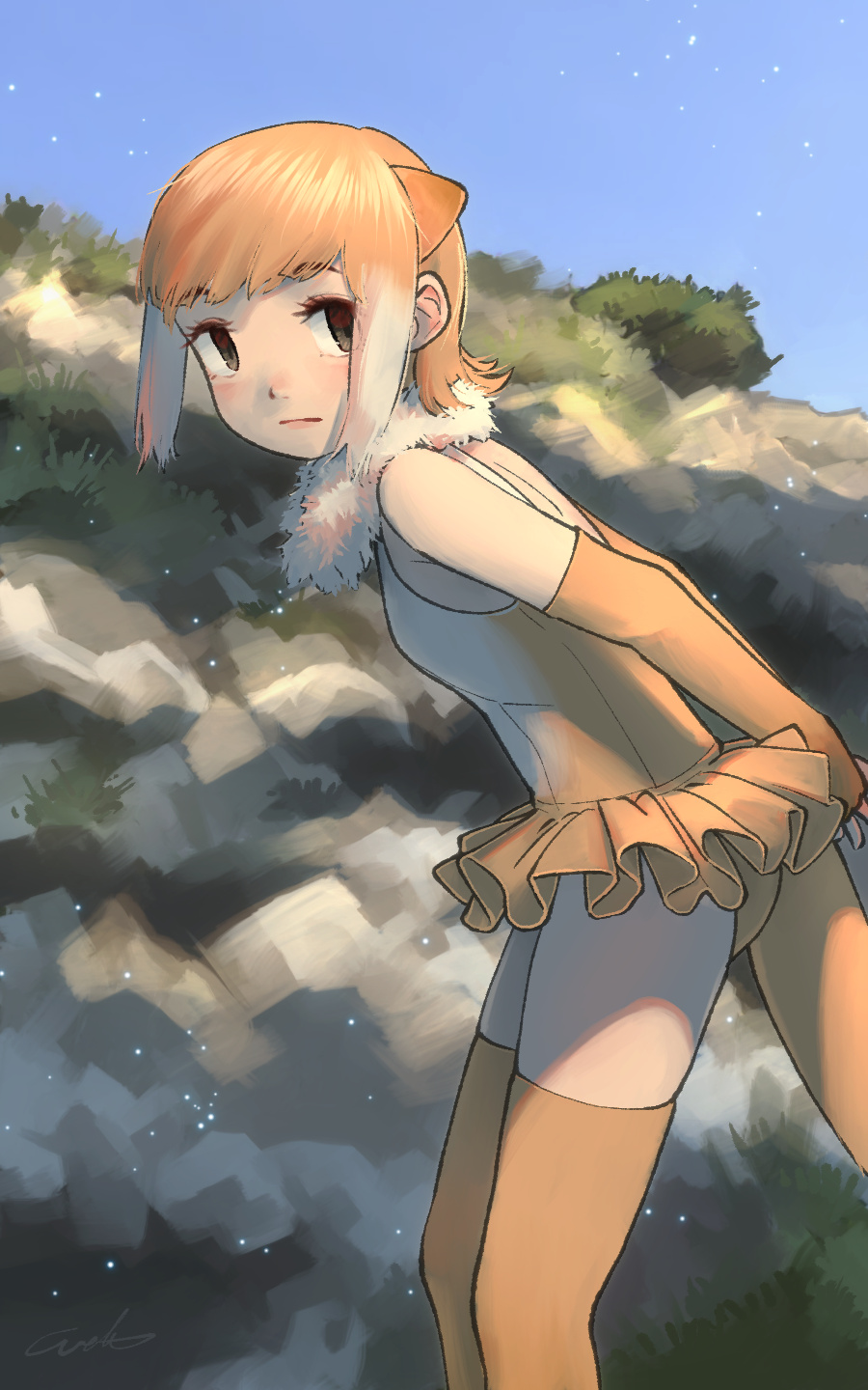 1girl animal_ears arms_behind_back bare_shoulders black_eyes commentary elbow_gloves empty_eyes expressionless extra_ears fur_collar gloves highres japanese_otter_(kemono_friends) kemono_friends leaning_forward looking_at_viewer multicolored_hair one-piece_swimsuit orange_hair otter_ears outdoors solo swimsuit swimsuit_skirt tail thighhighs two-tone_hair welt_(kinsei_koutenkyoku) white_hair