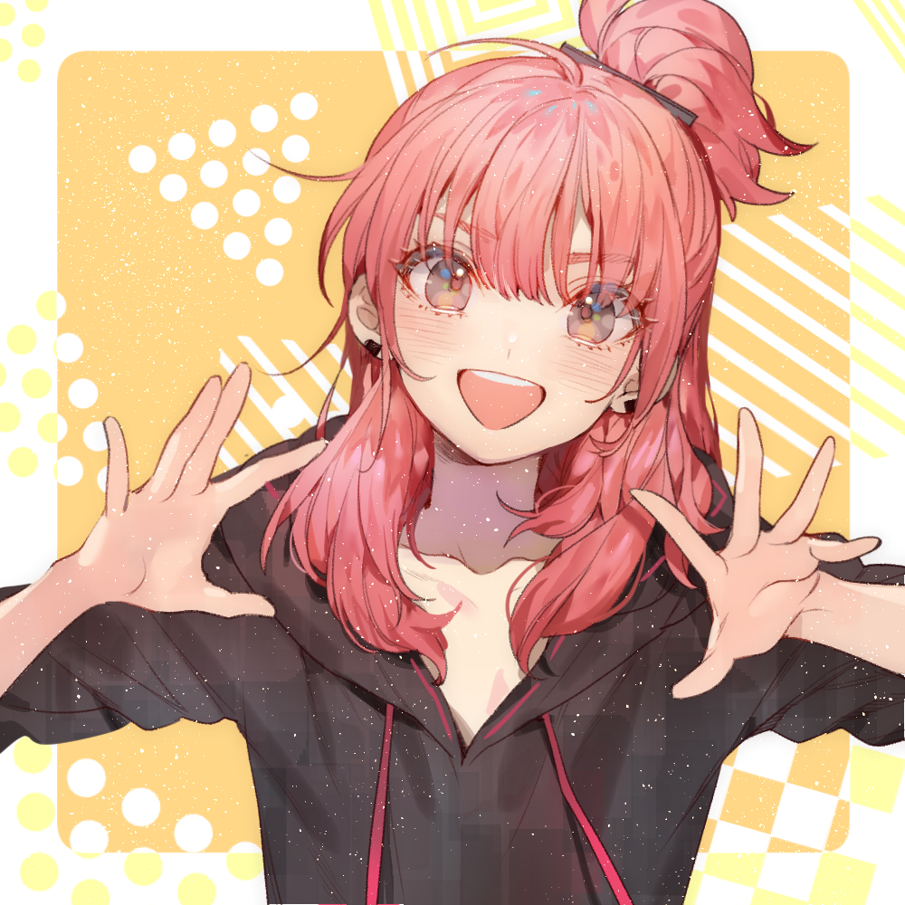 1girl :d ahoge bangs black_earrings black_hoodie blush character_request collarbone commentary_request copyright_request earrings eyebrows_visible_through_hair eyelashes hands_up happy hood hoodie jewelry long_hair open_mouth pink_hair smile solo spread_fingers teeth tied_hair tongue upper_teeth v-neck zuizi