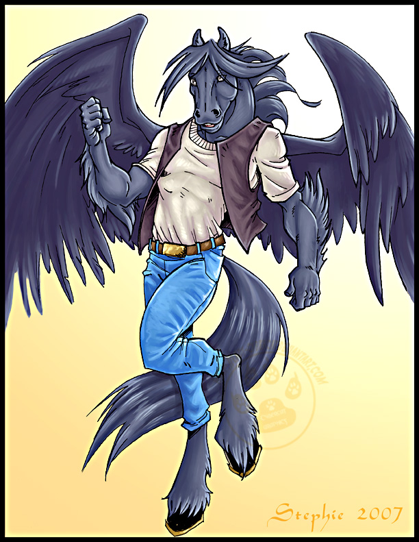 anthro blacksilver clothed clothing cybercat equid equine horse male mammal pegasus pose simple_background solo wings