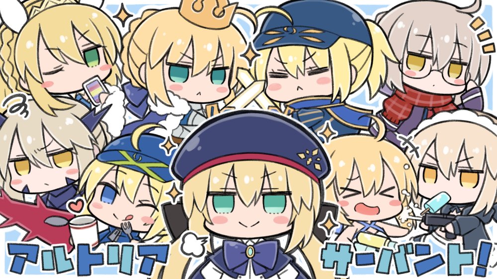 &gt;_&lt; adjusting_eyewear ahoge animal_ears armor artoria_pendragon_(all) artoria_pendragon_(caster) artoria_pendragon_(lancer_alter) artoria_pendragon_(swimsuit_archer) artoria_pendragon_(swimsuit_rider_alter) artoria_pendragon_(swimsuit_ruler)_(fate) beret blonde_hair blue_eyes blue_headwear blue_jacket blue_neckwear blush bunny_ears commentary_request crown fate/grand_order fate_(series) food frilled_hairband frills fur-trimmed_jacket fur_trim glasses green_eyes hair_ornament hairband hat jacket multiple_girls mysterious_heroine_x mysterious_heroine_x_(alter) mysterious_heroine_xx_(foreigner) nejikirio one_eye_closed open_mouth popsicle rhongomyniad saber scarf smile sparkle surprised tongue tongue_out translation_request water_gun yellow_eyes