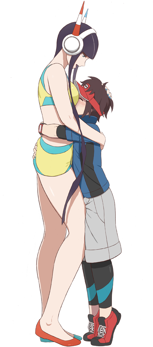 1boy 1girl age_difference bangs black_hair blue_jacket blunt_bangs brown_hair commentary_request hand_on_another's_head head_in_chest headphones height_difference hug jacket kamitsure_(pokemon) kyouhei_(pokemon) leggings looking_down mizuno_(pixiv31352320) petting pokemon pokemon_(game) pokemon_bw2 red_headwear short_hair_with_long_locks short_sleeves simple_background standing tall_female tiptoes visor_cap white_background