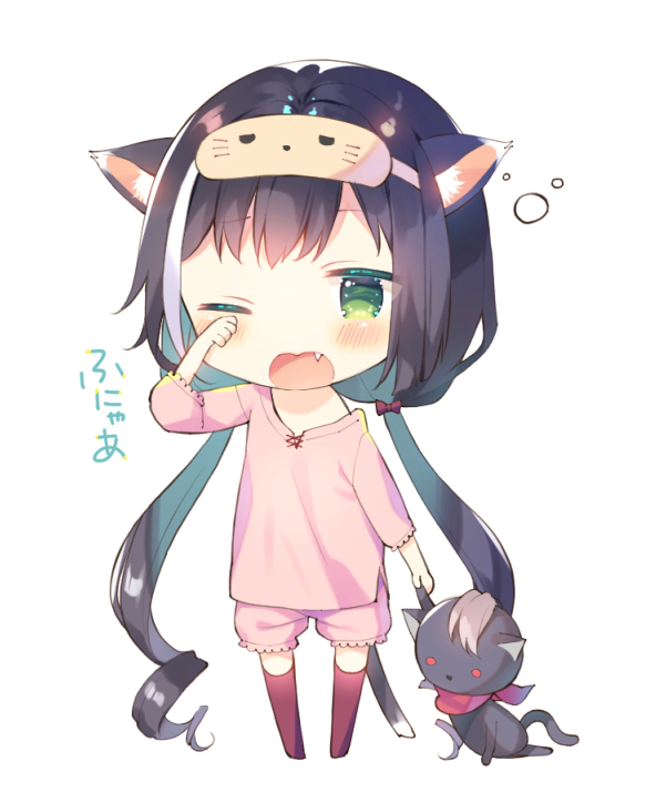 1girl animal_ear_fluff animal_ears black_hair blush bow cat_ears cat_girl cat_tail commentary_request fang full_body green_eyes hair_bow hand_up holding holding_stuffed_animal karyl_(princess_connect!) long_hair long_sleeves low_twintails mask mask_on_head multicolored_hair no_shoes off_shoulder one_eye_closed open_mouth pink_shirt pink_shorts princess_connect! princess_connect!_re:dive red_bow red_legwear rubbing_eyes shirt short_shorts shorts simple_background sleep_mask sleepy solo standing streaked_hair stuffed_animal stuffed_cat stuffed_toy tail thighhighs translation_request twintails very_long_hair waking_up wavy_mouth white_background white_hair yuizaki_kazuya