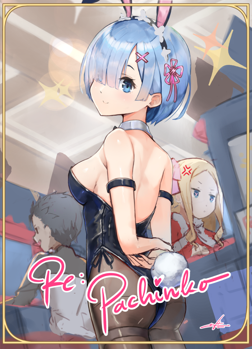 1boy 2girls alternate_costume anger_vein animal_ears arcade_cabinet arm_strap arms_behind_back ass bangs bare_arms bare_shoulders beatrice_(re:zero) black_hair black_jacket black_legwear black_leotard blonde_hair blurry blurry_background border breasts bunny_ears bunny_girl bunny_tail bunnysuit commentary_request detached_collar fake_animal_ears fake_tail flower_knot from_behind hair_ornament hair_over_one_eye haruuuon jacket leotard long_hair looking_at_viewer maid_headdress medium_breasts multicolored multicolored_clothes multicolored_jacket multiple_girls natsuki_subaru pantyhose parted_bangs playing_games re:zero_kara_hajimeru_isekai_seikatsu rem_(re:zero) ribbon short_hair signature solo_focus sparkle tail white_jacket x_hair_ornament