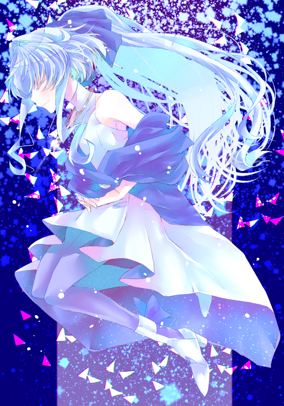 1girl blue_hair commentary dress floating floating_hair from_side gundam gundam_build_divers gundam_build_divers_re:rise hands_together high_heels highres long_hair naridon ponytail sara_(gundam_build_divers) sidelocks solo white_dress